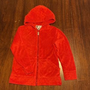Girls red jacket size 5 smock dot kids brand zipper front pockets hood very soft